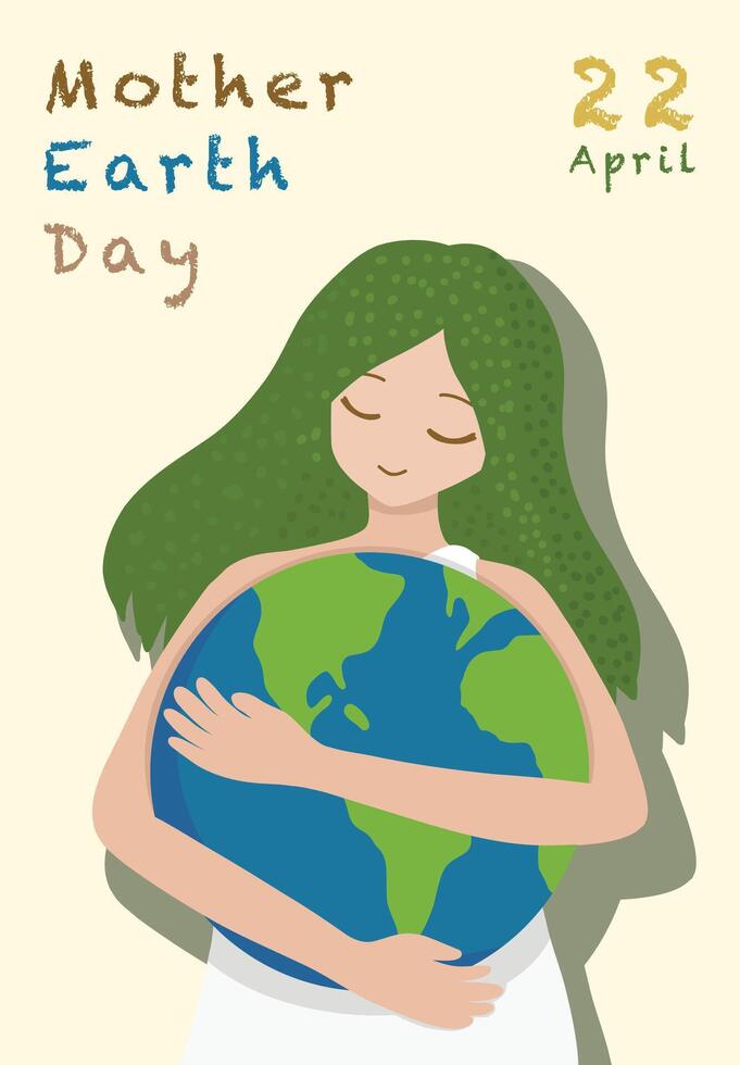Green hair woman hugging Earth with text Mother Earth Day Design Illustration Editable vector