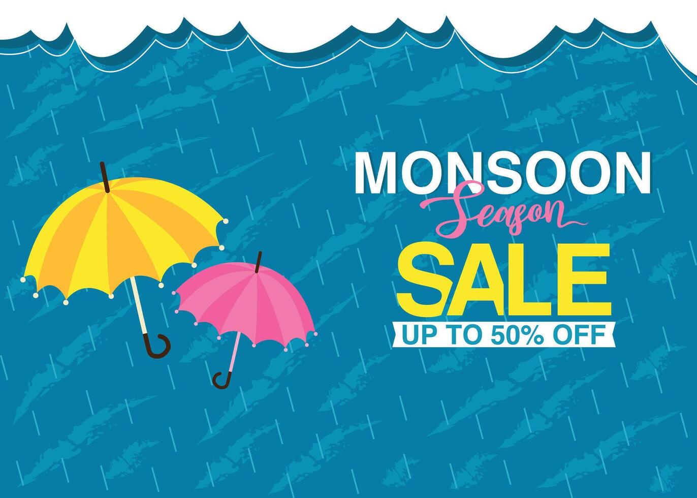 Monsoon season special sale banner with rain background, umbrella, and clouds. Enjoy exciting discounts on online shopping. Perfect for poster, banner, or sale card design vector