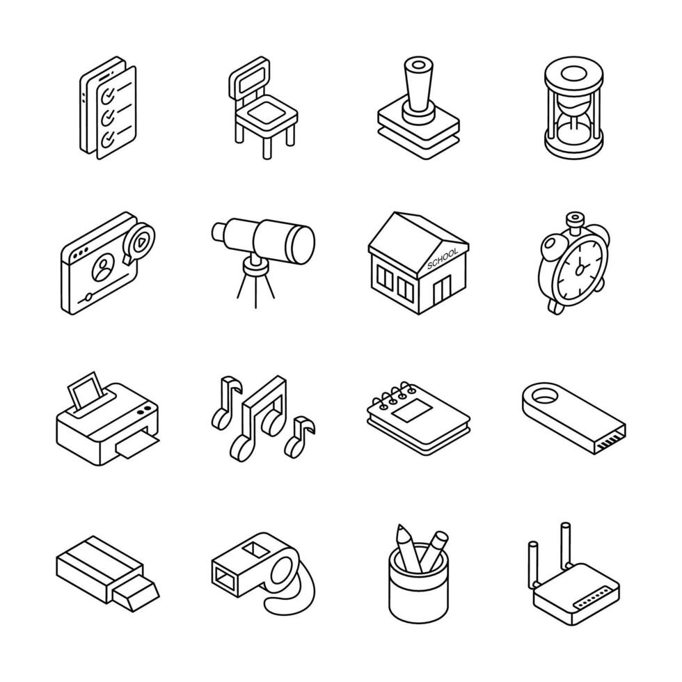 Download our premium collection showing study material isometric icons.. vector