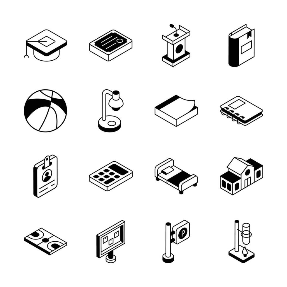 Well designed collection showing study and university supplies isometric icons... vector