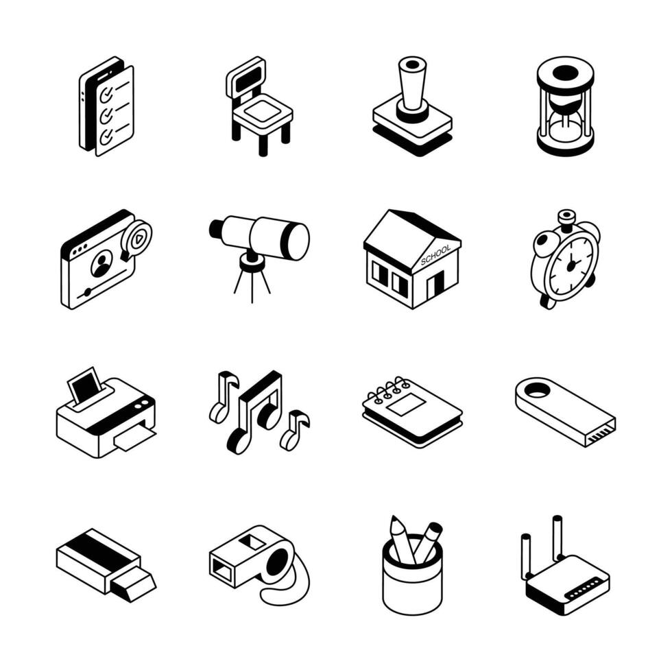 Download our premium collection showing study material isometric icons... vector