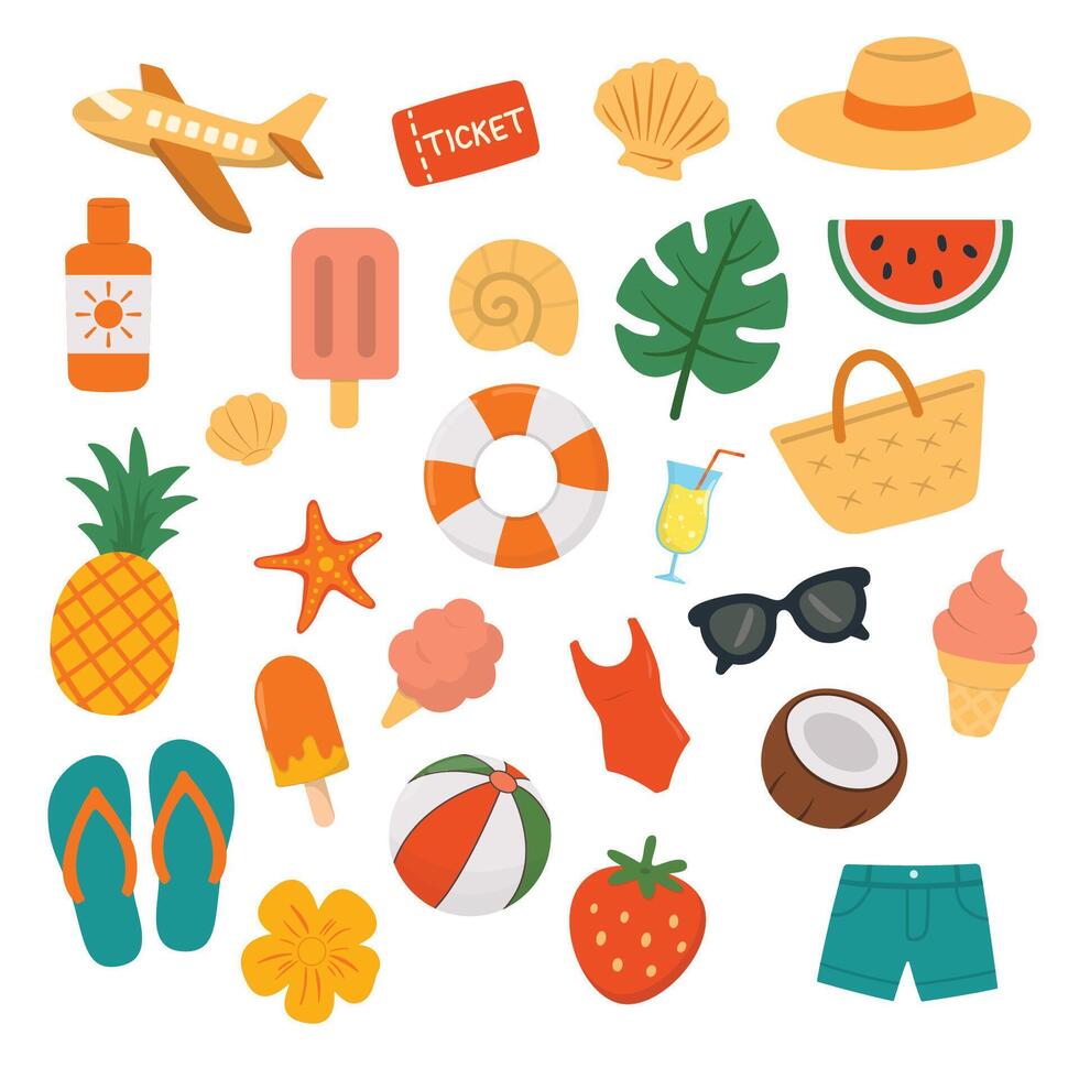 Summer concept icons set flat illustration vacation concept featuring airplane, ticket, pineapple, sunglasses, ice cream, beach ball, and more, perfect for travel and beach designs vector
