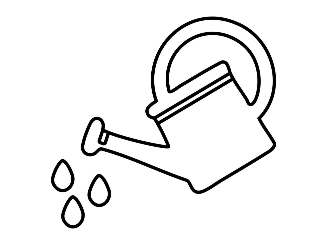 Black outline of watering can pouring water drops, isolated on white background, graphic illustration. concept of gardening, watering plants, garden tool, icon, logo, design element vector