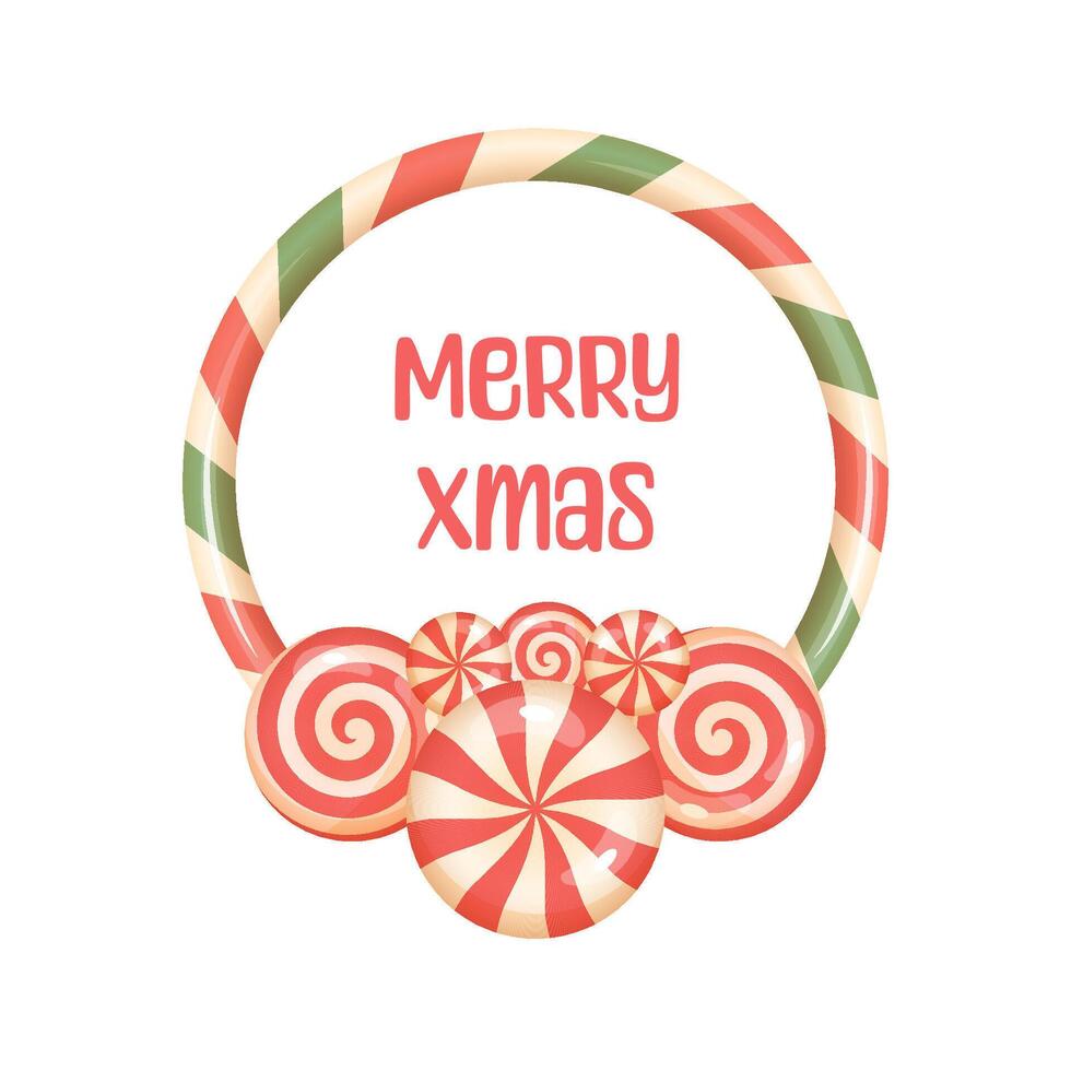 Candy cane Christmas poster with round frame and Merry Xmas text vector