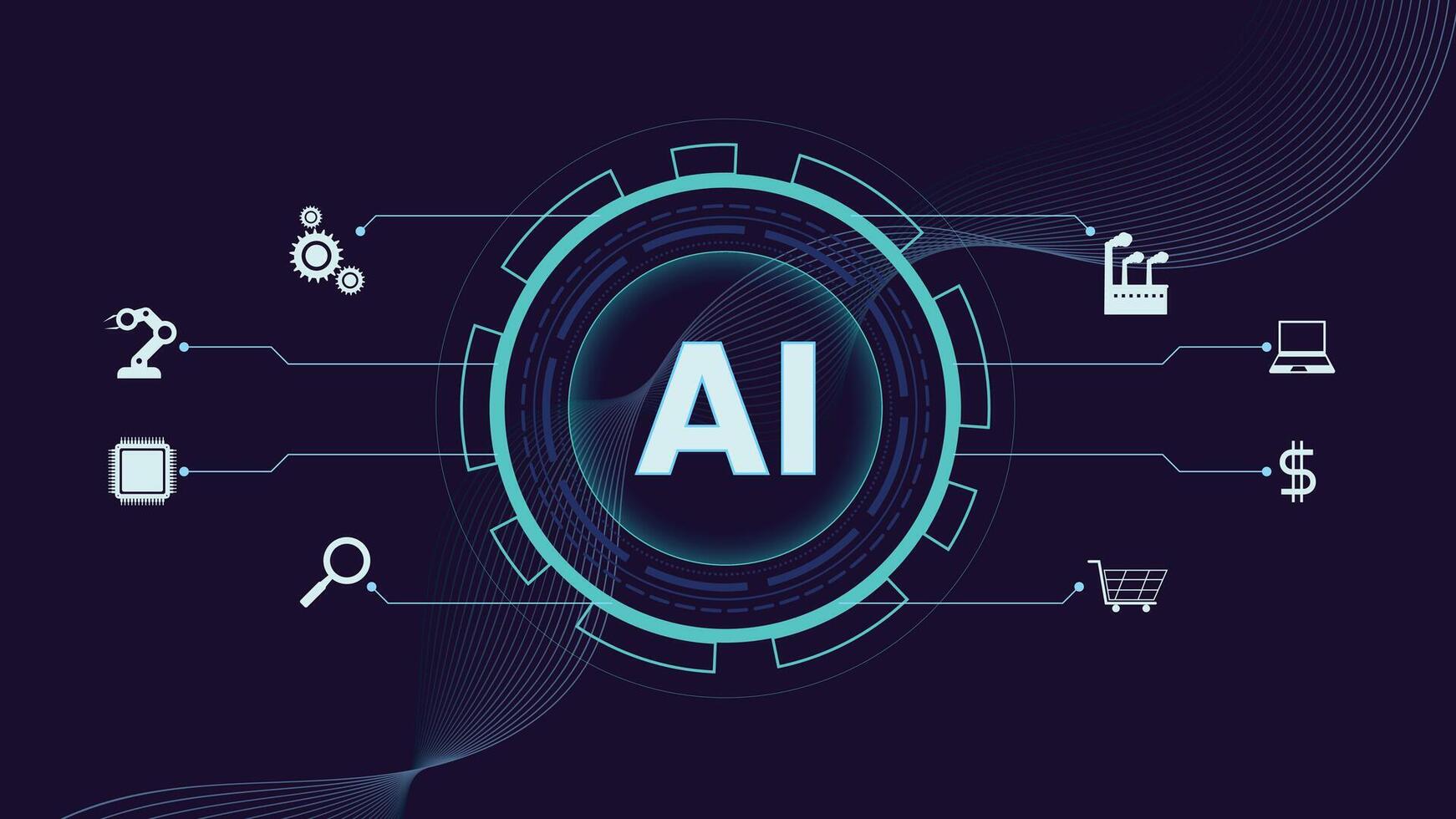 Futuristic AI technology background featuring digital elements with industry and tech icons on dark theme vector