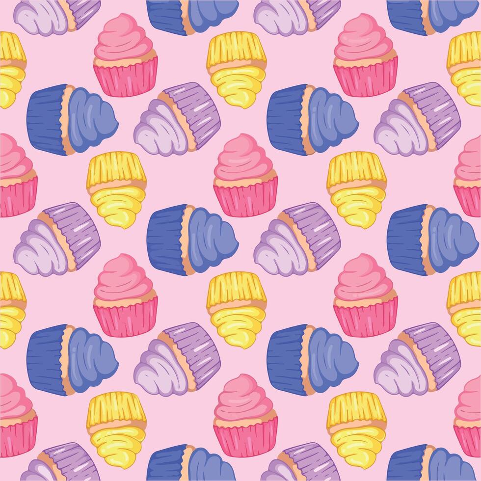Seamless pattern with colorful cupcakes. illustration on pink background vector