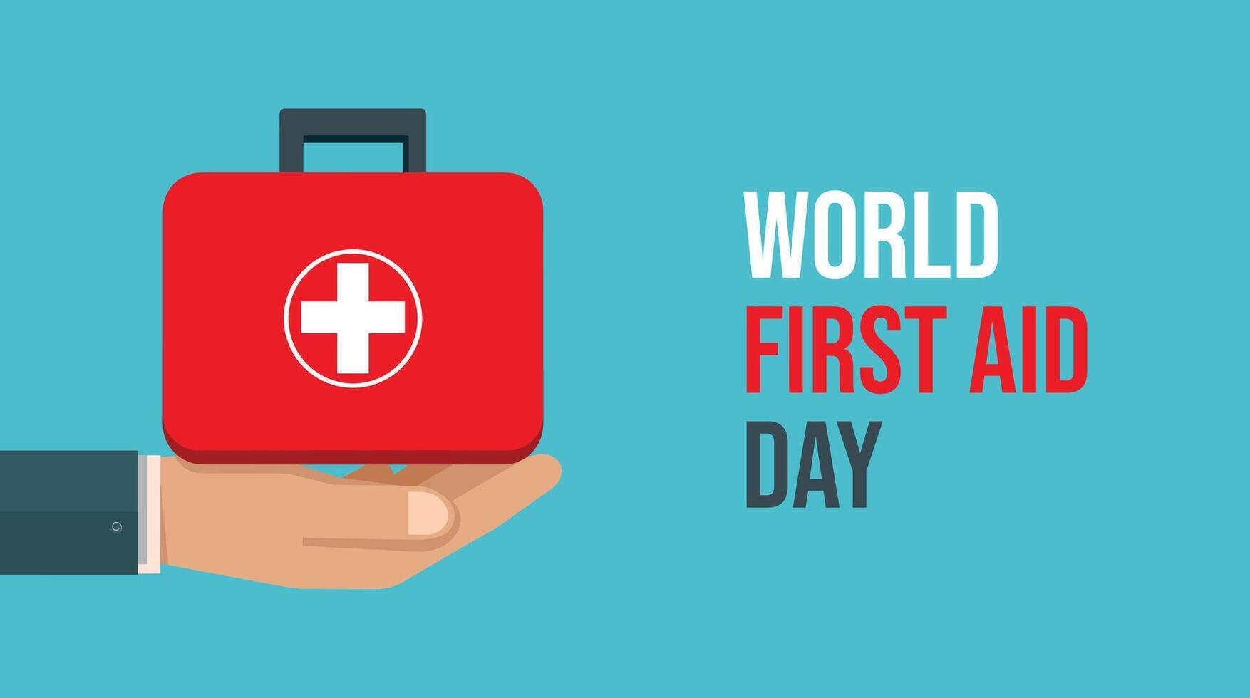 World First Aid Day Clean Flat Illustration of Red Cross Box and Helping Hand Medical vector