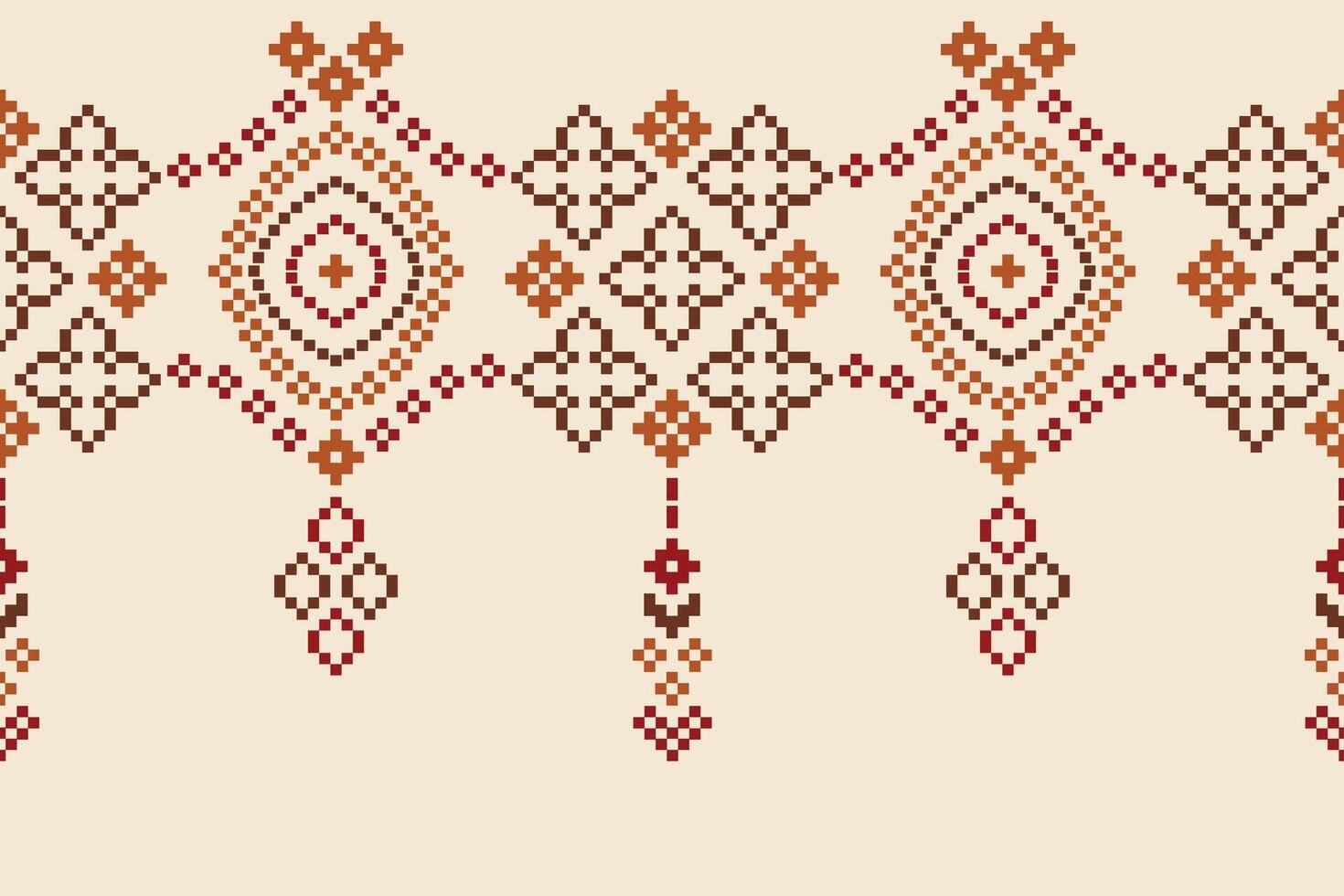 Pixel cross stitch ethnic pattern brown cream color wallpaper background. vector