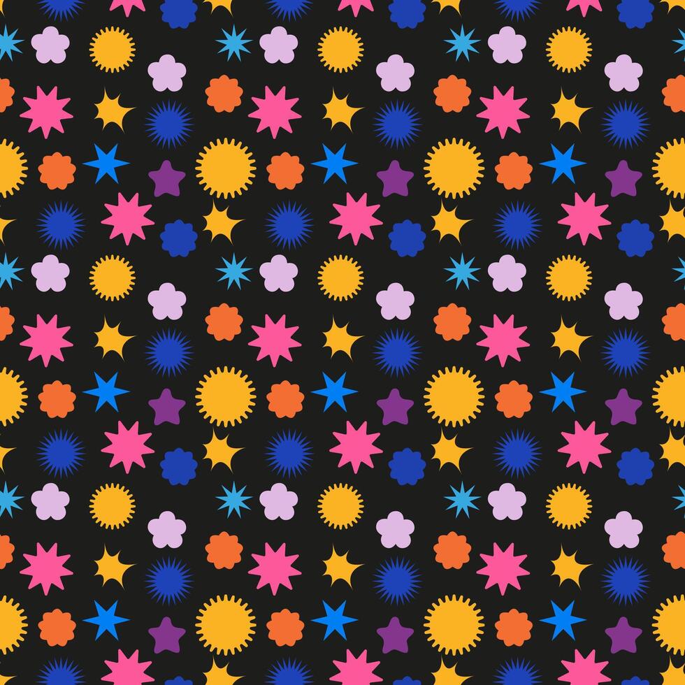 Groovy retro shapes seamless pattern. Abstract pop art style funky geometric hippie elements. Pattern design for prints, decor, textile. Trendy modern illustration on black background vector