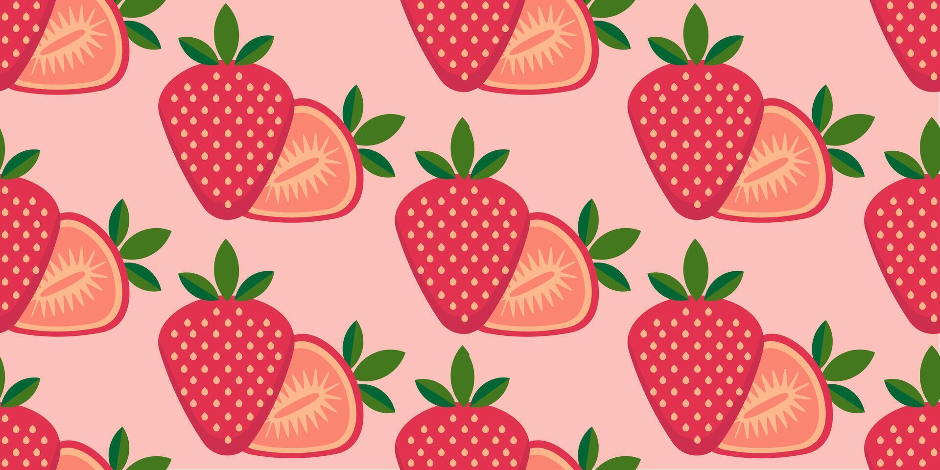 Bright and colorful seamless pattern with strawberries. Whole and halves of strawberries with green leaves on light pink background vector