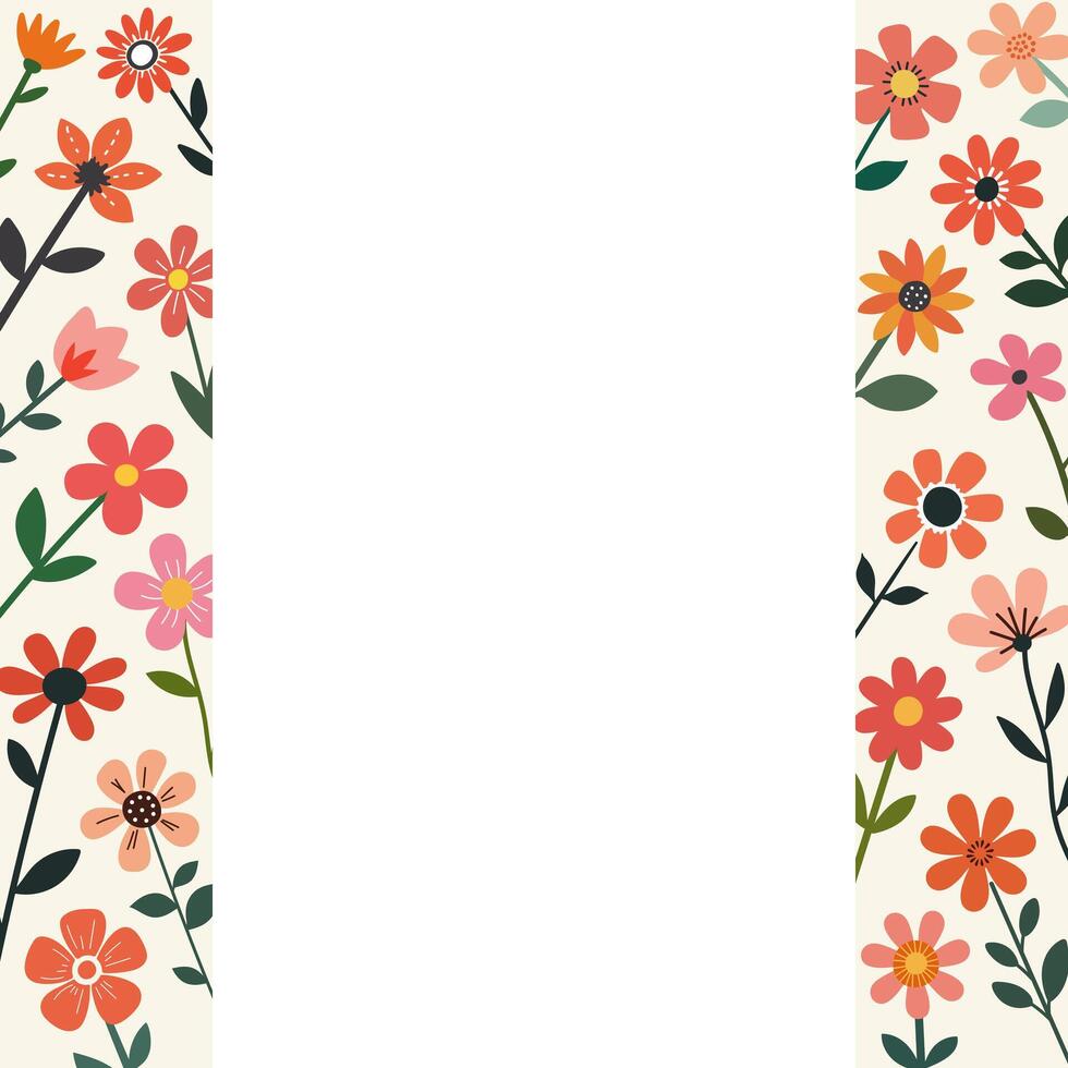 Floral vertical background with colorful spring flowers on both sides and empty space in the center. Cute hand-drawn style, perfect for greeting cards, invitations, or seasonal design. vector