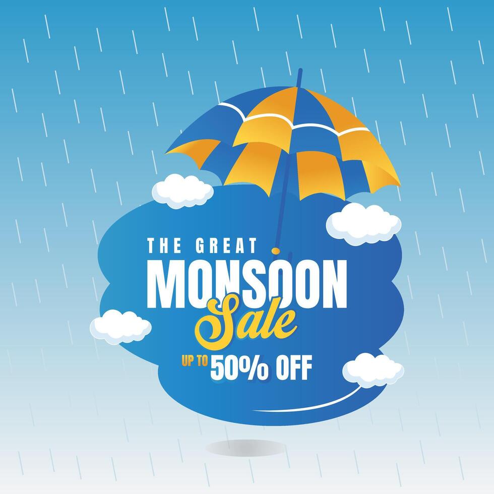 The Great Monsoon Season Special Sale banner with rain background, umbrella, and clouds. Enjoy amazing discounts. Ideal for online shopping poster, banner, flyer, or card design vector