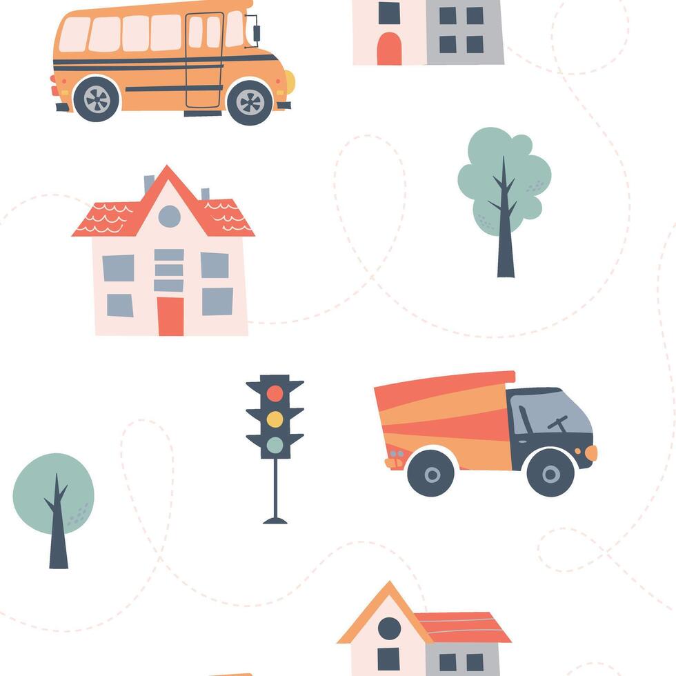 Kids pattern with car, bus and road. Perfect for fabric , digital paper, cards vector