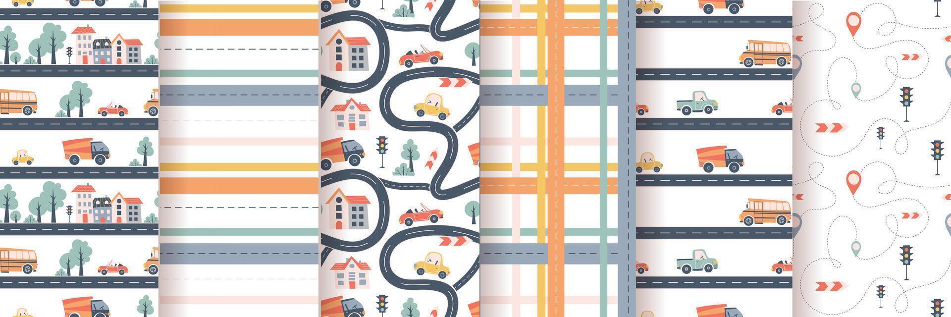 Kids seamless patterns set with car, bus and road. Perfect for fabric , digital paper, cards vector