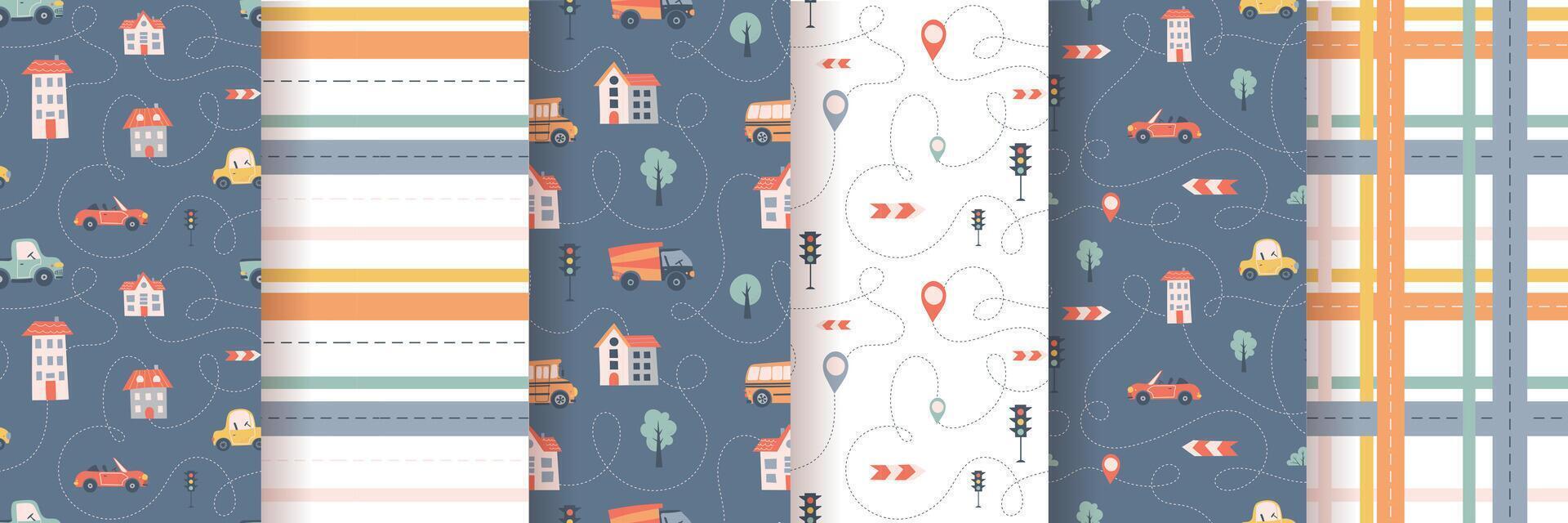 Kids seamless pattern with car, bus and road. Perfect for fabric , digital paper vector