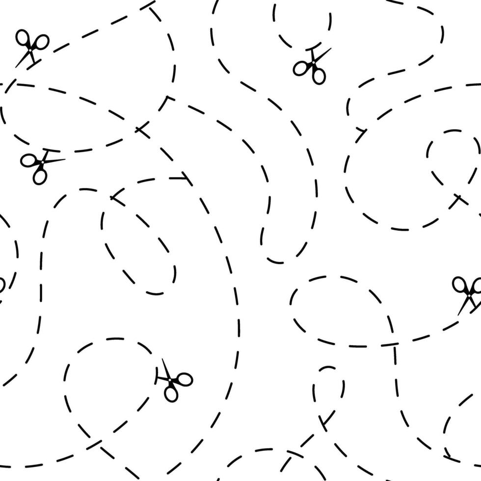 Cut here seamless pattern. Scissors with dotted lines, paper cut here seamless pattern for ticket, coupon, promo code vector