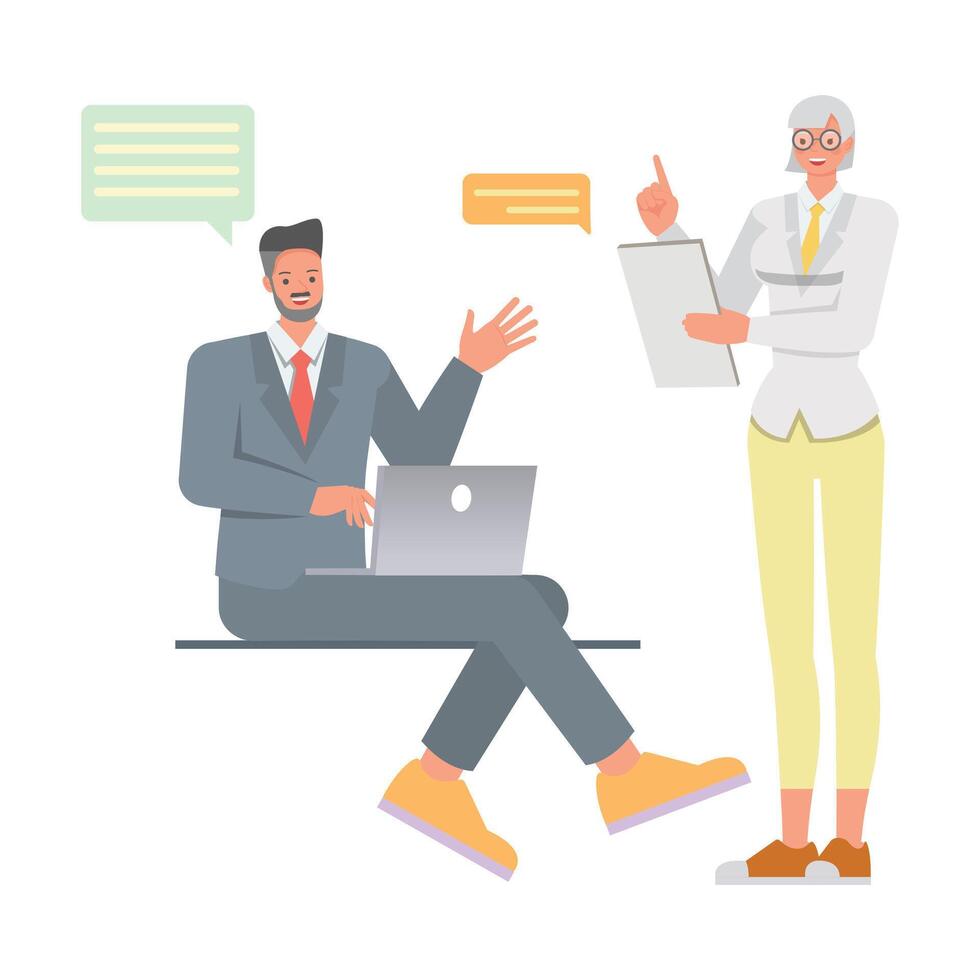 Business meeting concept. Office man and woman character design. Business people working in office planning, thinking and economic analysis on isolated white background. vector