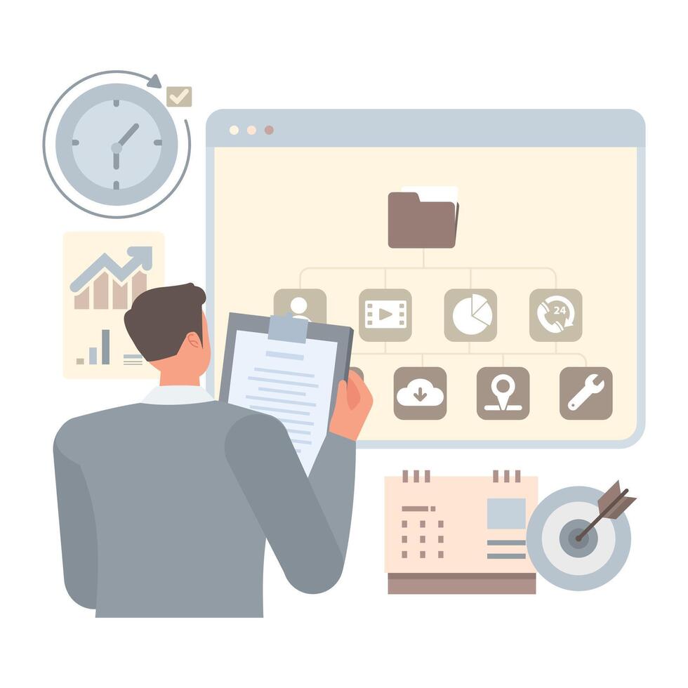 Business management illustration concept. Business people working in office planning, thinking and economic analysis.Office man character design. vector