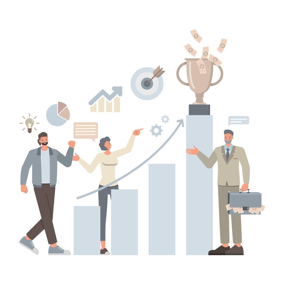 Business motivation illustration concept. Business people working in office planning, thinking and economic analysis.Office man and woman character design. vector