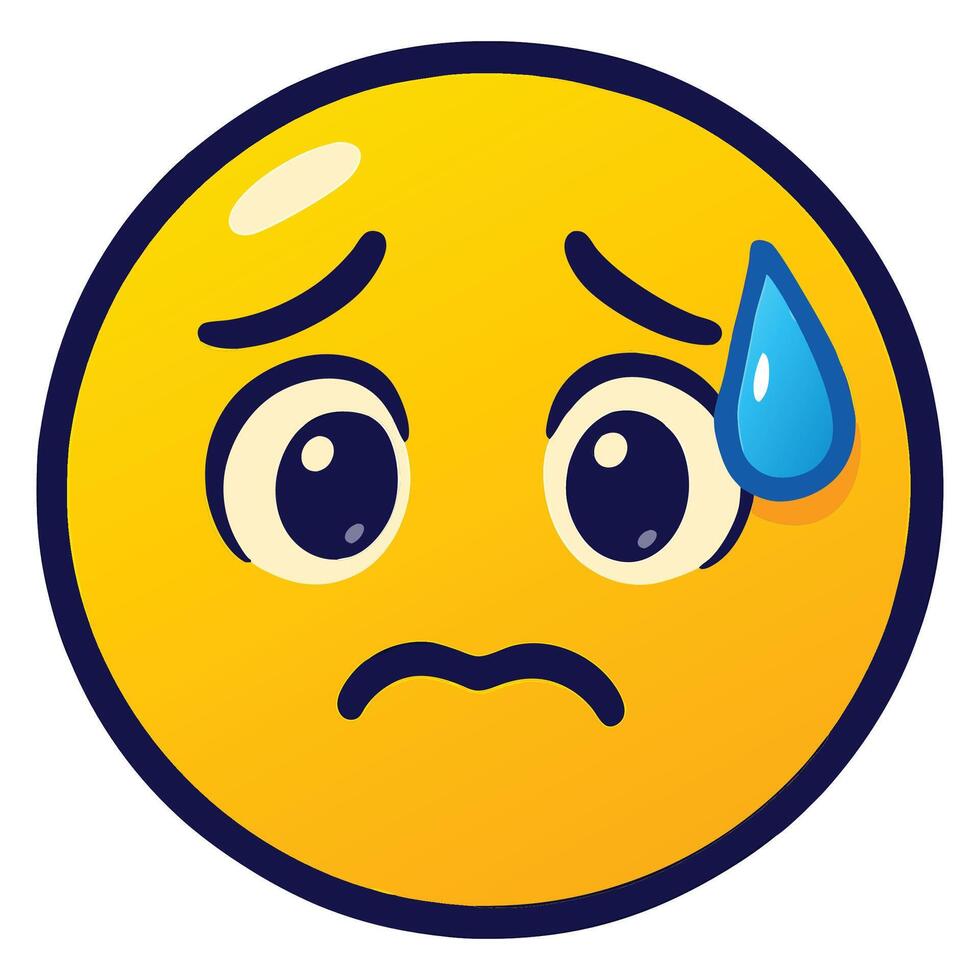 Concerned Emoji Face Illustration with Sweat Droplet and Blushing Cheeks, Expressing Worry and Social Stress, Cartoon Style on White Background vector