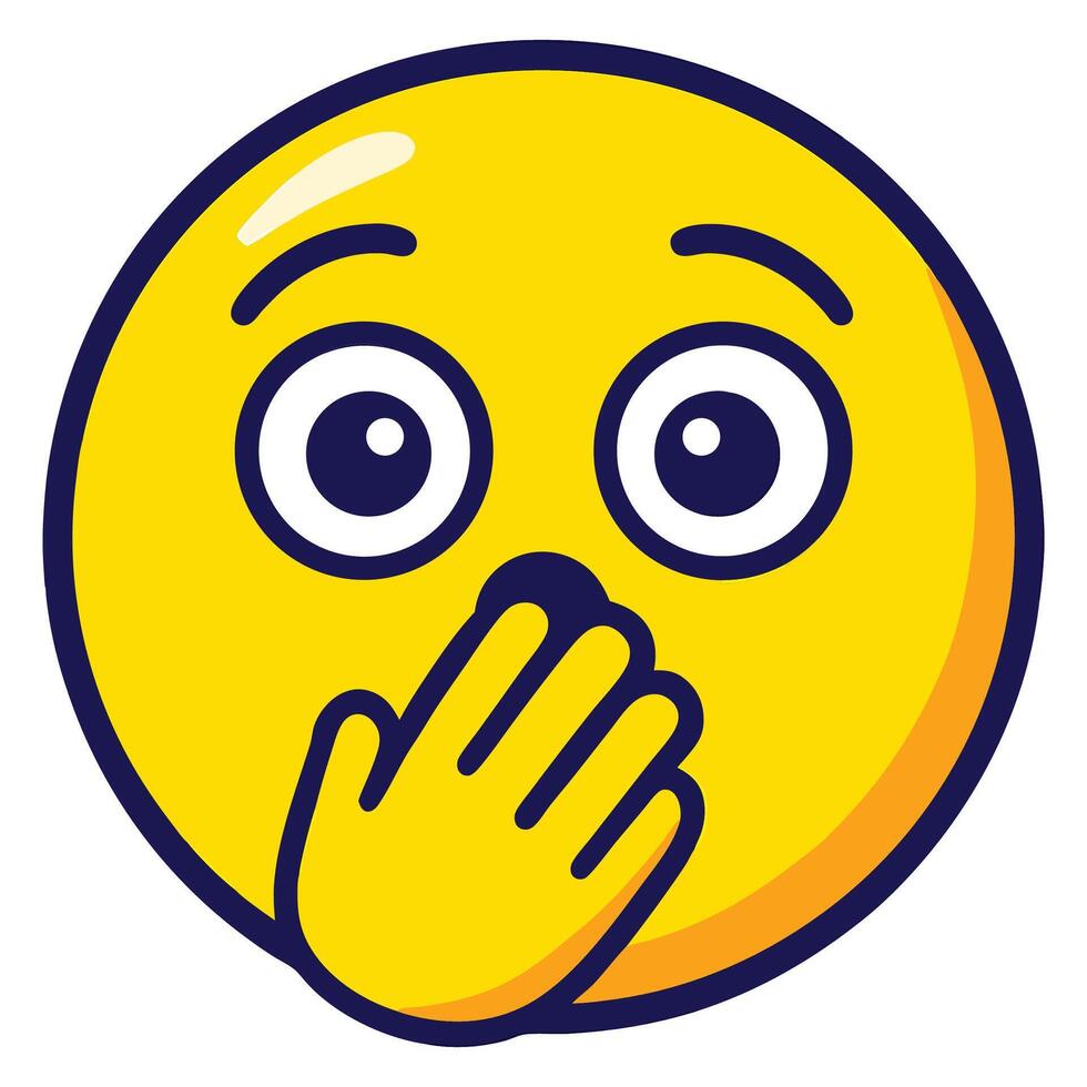 Surprised Face Emoji Illustration with Open Eyes and Hand Over Mouth, Shocked Expression in Cartoon Style on White Background vector