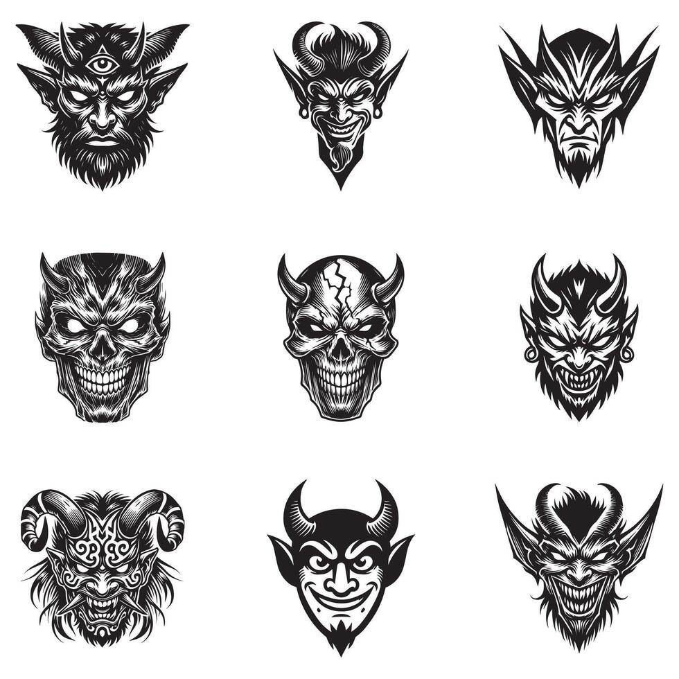 pack of Gothic Devil Face with Horned Skull Design vector