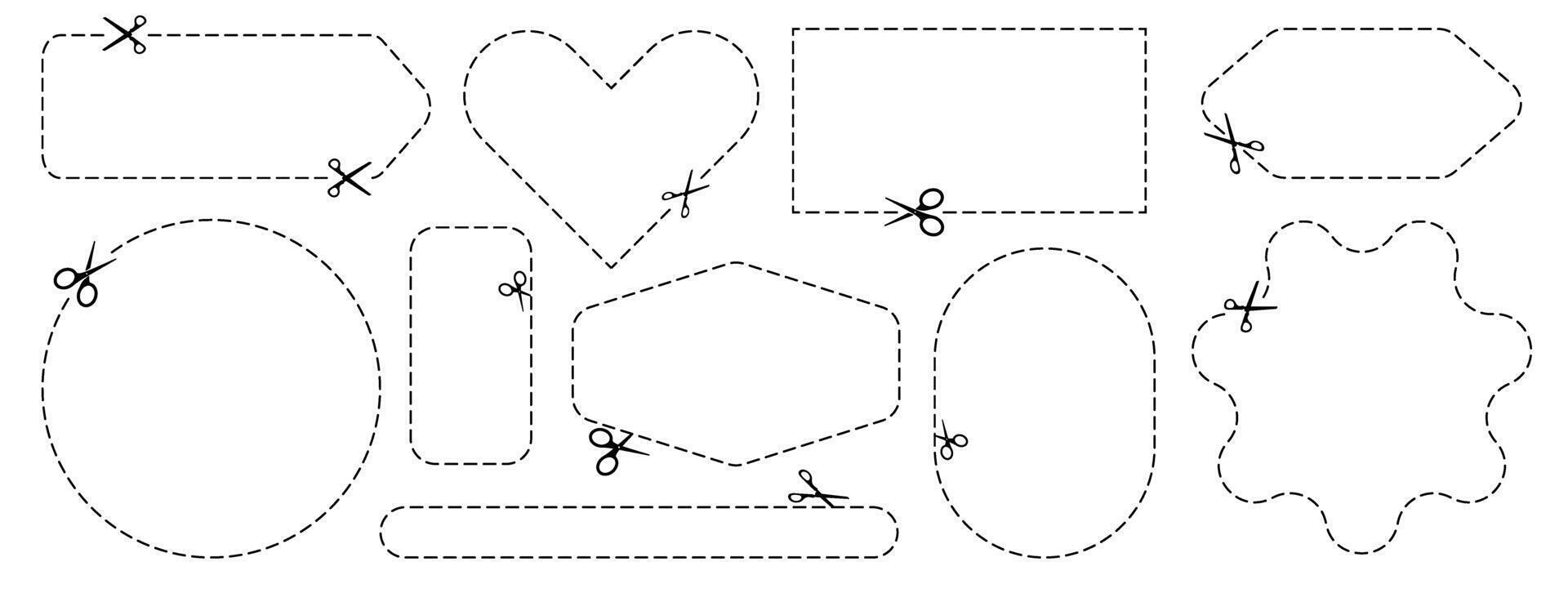 Cut here icon. Set of scissors cutting shape, paper cut here icon with dotted line for ticket, coupon vector