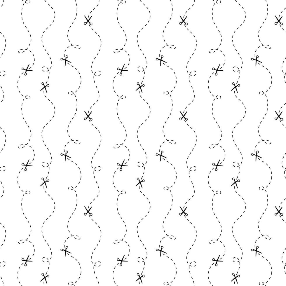 Cut here seamless pattern. Scissors with dotted lines, paper cut here seamless pattern for ticket, promo code vector