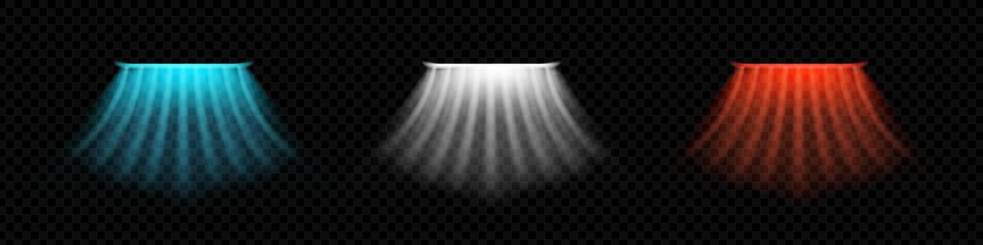 Dynamic set of translucent airflow elements on dark grid backdrop. Wavelike red, blue and white light effects. Hot, cold and scented directional air jets. Ideal for modern climate control visuals. vector