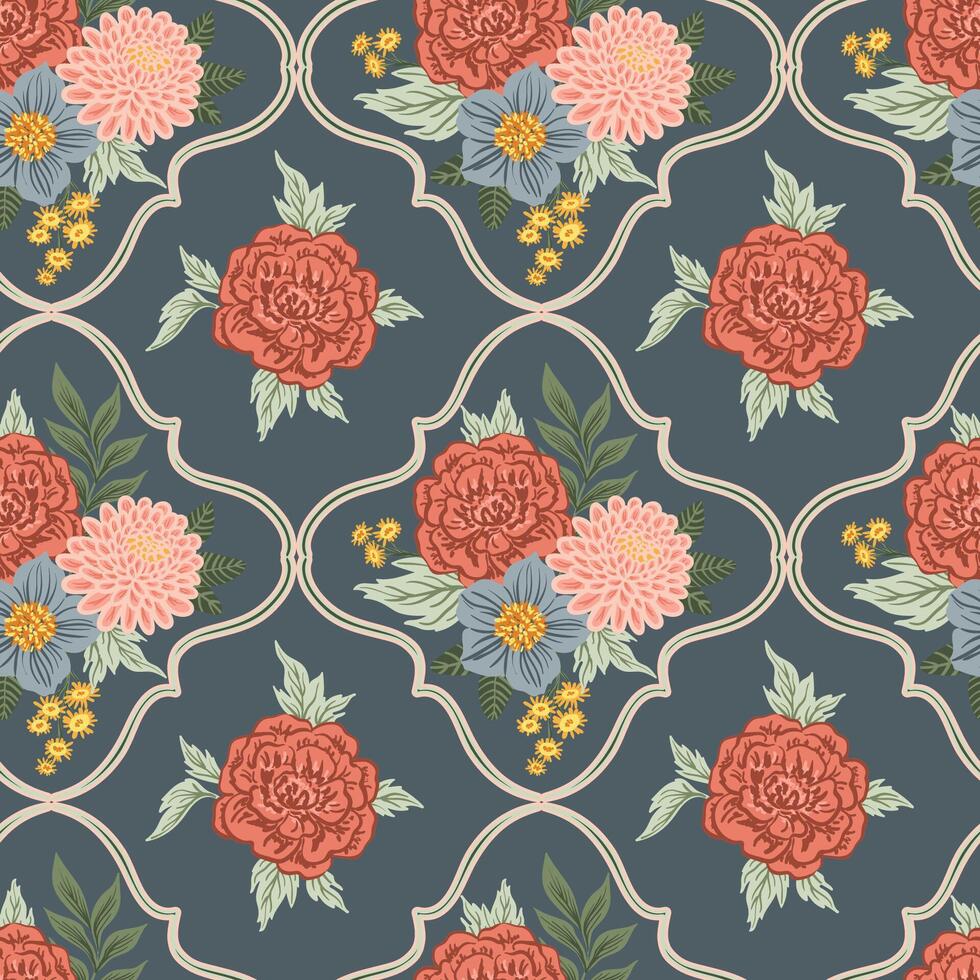 Summer flowers bouquets damask Seamless Pattern. bohemian Rose, dahlia romantic background vector