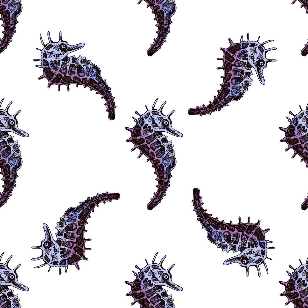 Hand drawn vintage seamless pattern of seahorses in engraving sketch style for oceanic summer textile and wrapping vector