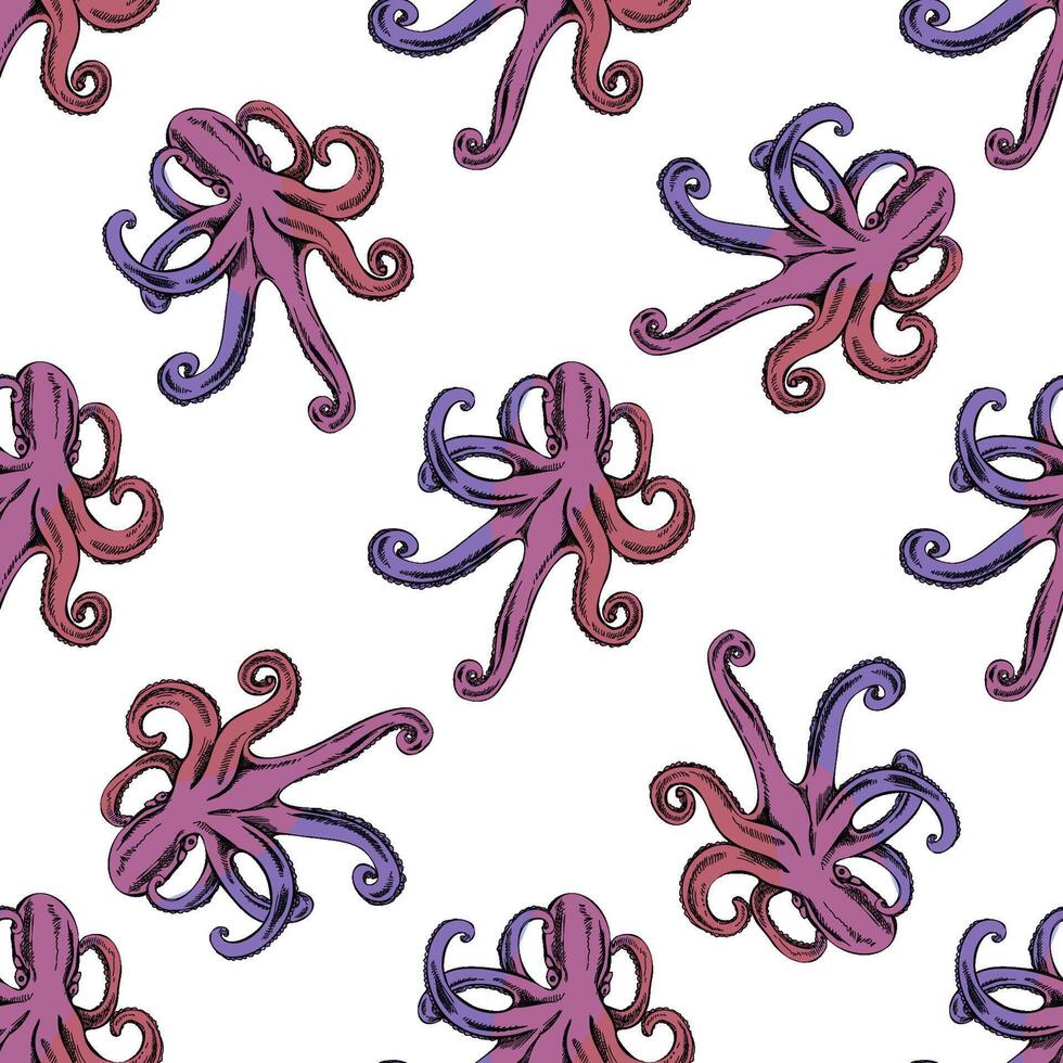Hand drawn vintage seamless pattern of purple and pink octopus with tentacles, marine sketch illustration vector