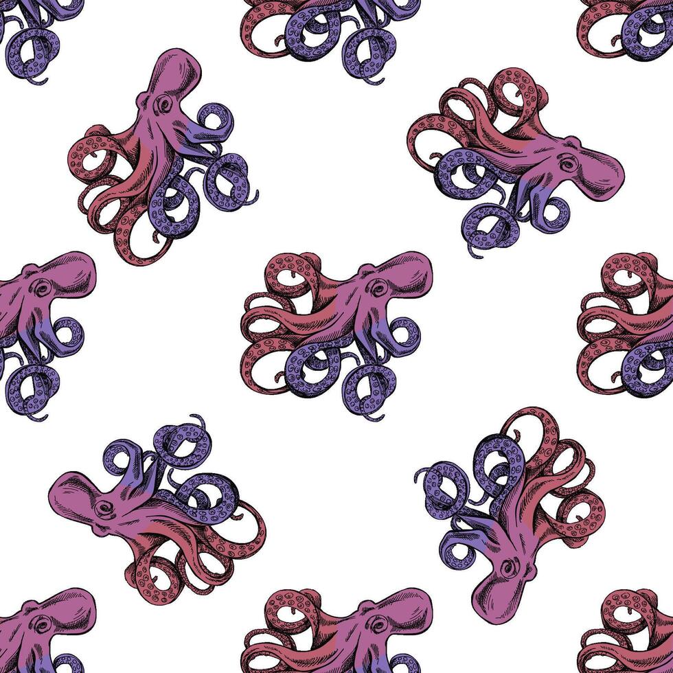 Hand-drawn vintage seamless pattern of purple and pink octopus with tentacles, marine sketch illustration vector