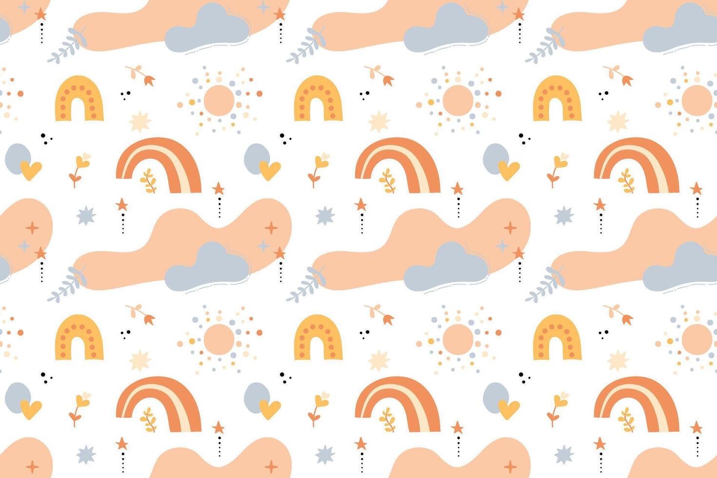 A seamless pattern with clouds, sun, and rainbows vector