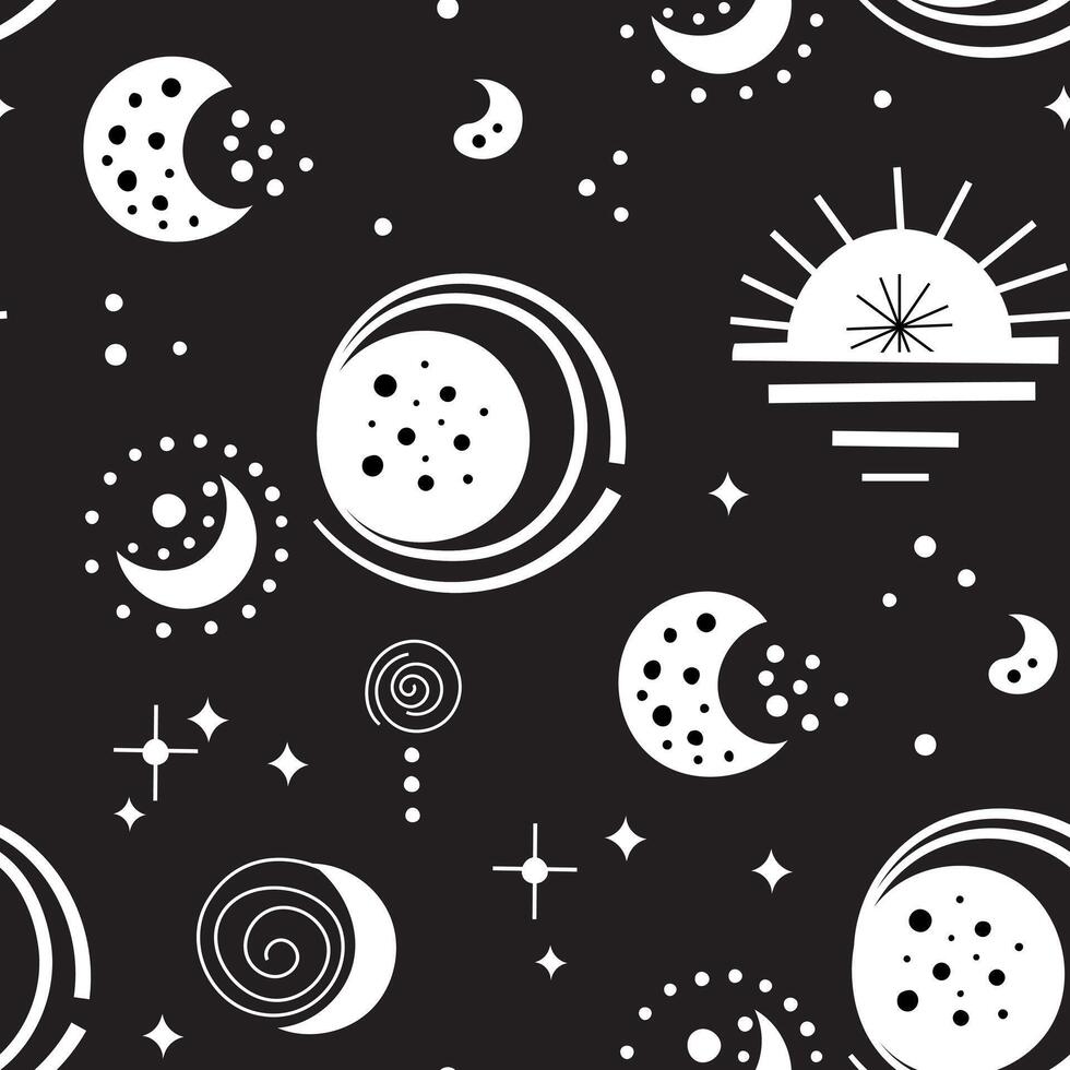 A black and white space background with stars and moons vector