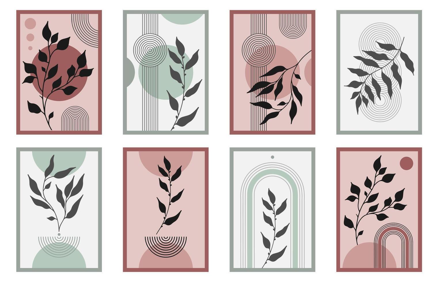 Zen arch poster with botanical element, simple line arch shapes, and leavs. Geometric Japanese zen pattern minimal elements. Boho style strips vector