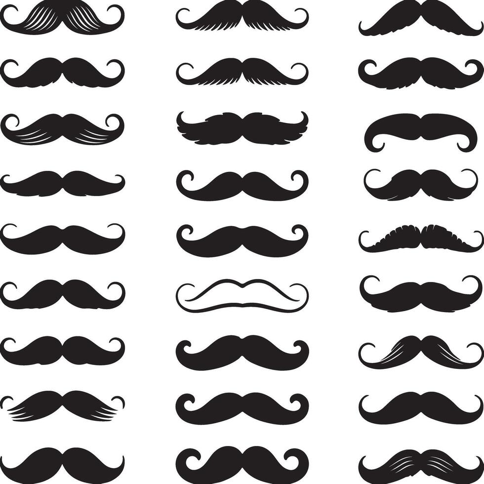 Collection of Twenty Seven Black Silhouette Mustaches Various Styles and Shapes Isolated on White Background Illustration vector