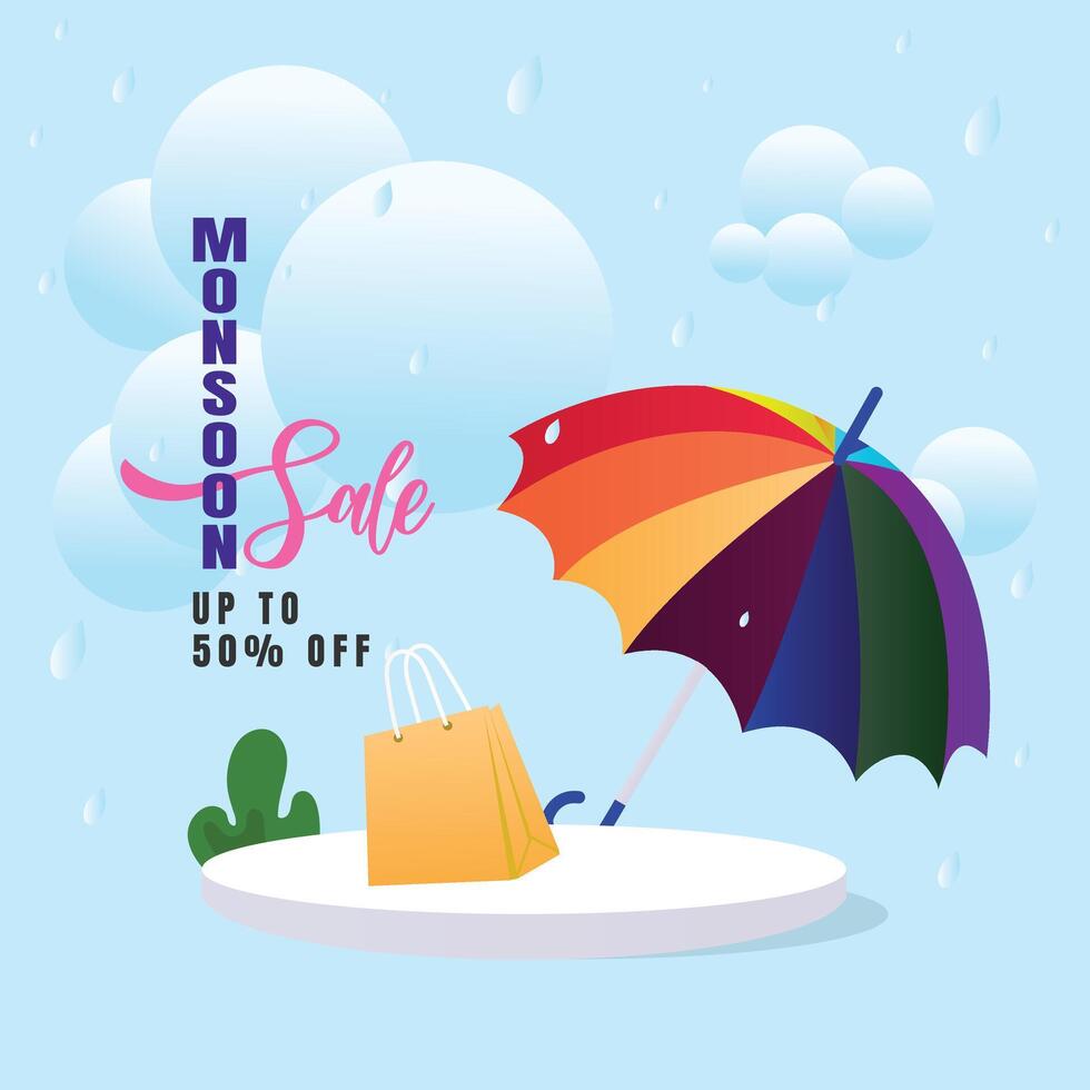 Great Monsoon Sale banner with rain, umbrella, podium, and clouds. Exciting online shopping discounts. Ideal for promotional poster, banner, card, or digital ad design vector