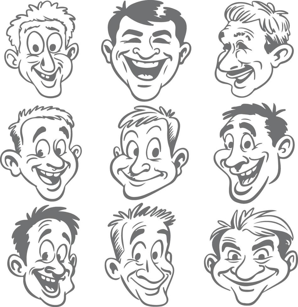 Nine Grey Scale Cartoon Silhouettes of Smiling Men with Varying Hairstyles and Expressions Depicting Joyful and Playful Characters vector