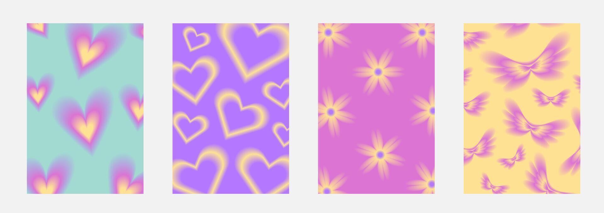 Set brochure y2k aura. Blurred heart, butterfly and stars with aura vector