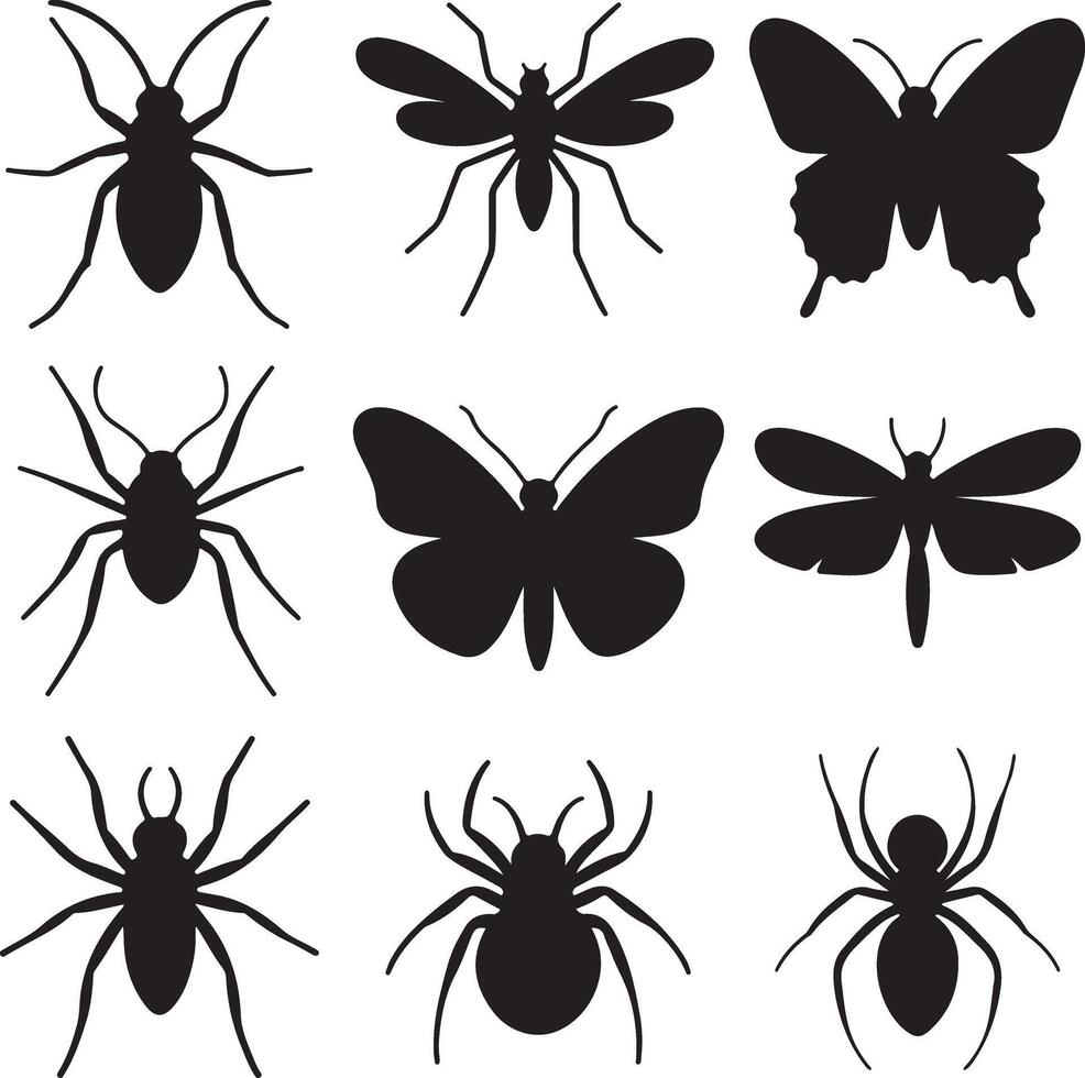Nine Black Insect Silhouettes Collection Spiders Butterflies Moths Beetles Graphic Design Elements Illustration vector