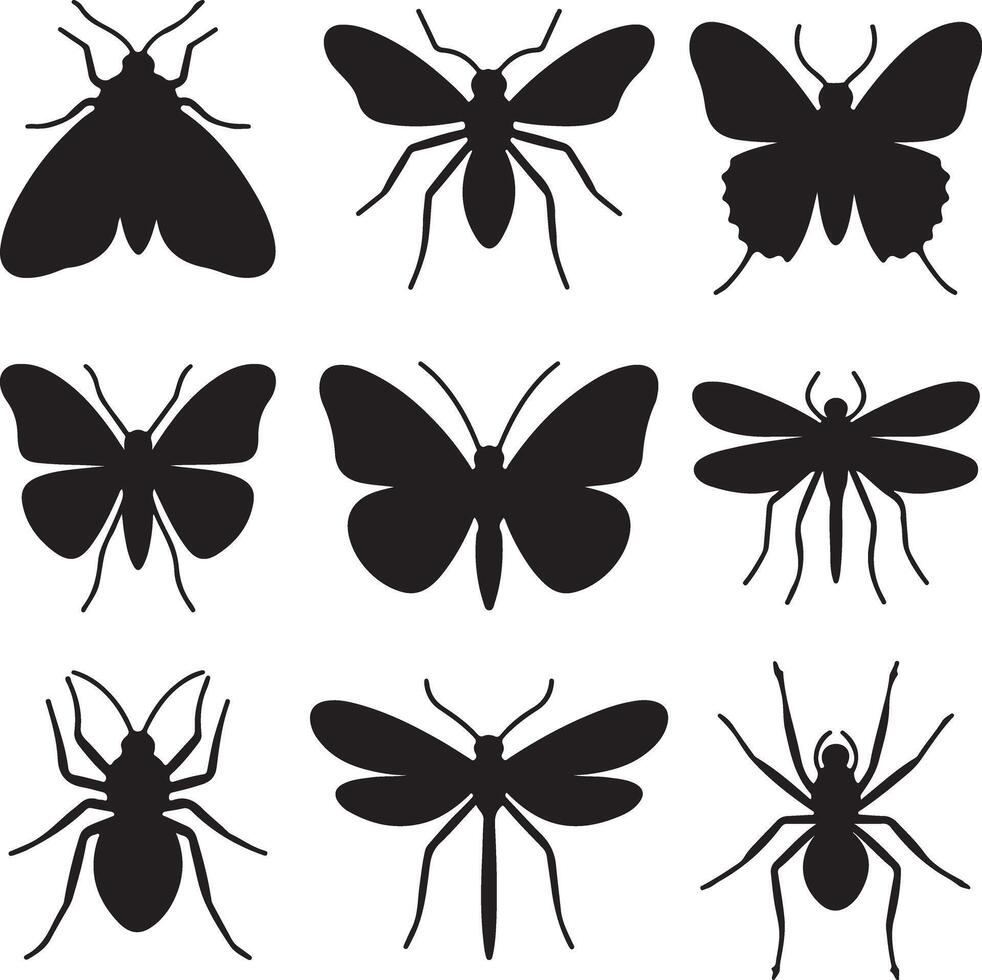 Nine Black Insect Silhouettes Moth Butterfly Spider Dragonfly Collection Graphic Design Elements vector
