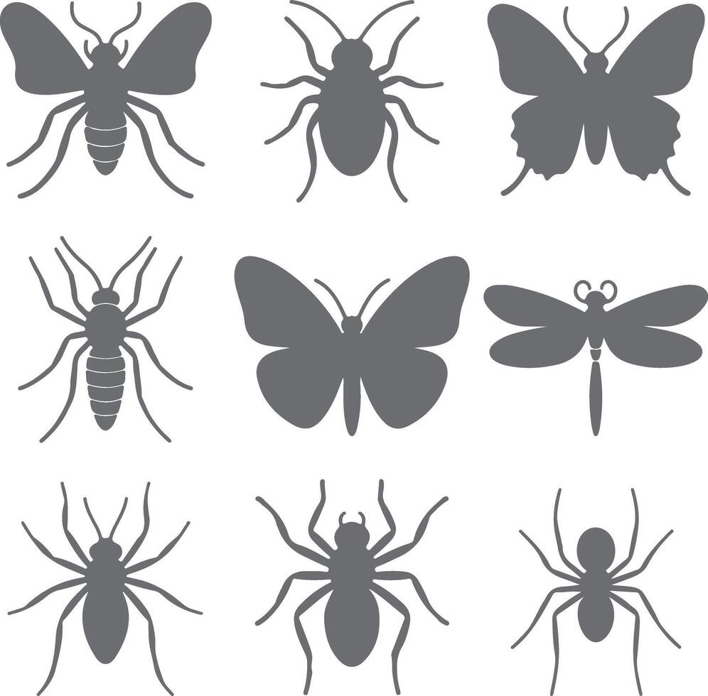 Nine Gray Insect Silhouettes Collection Moth Butterfly Dragonfly Spider Beetle Icon Set vector