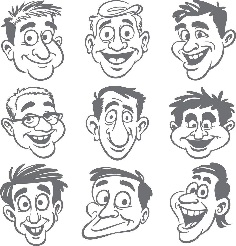 Nine Gray Scale Cartoon Men Head Silhouettes Diverse Expressions Happy Smiling Amused Expressions Illustration vector