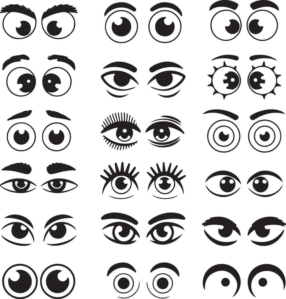 Collection of Twenty Diverse Cartoon Eye Silhouettes Black and White Eyebrows Various Expressions vector