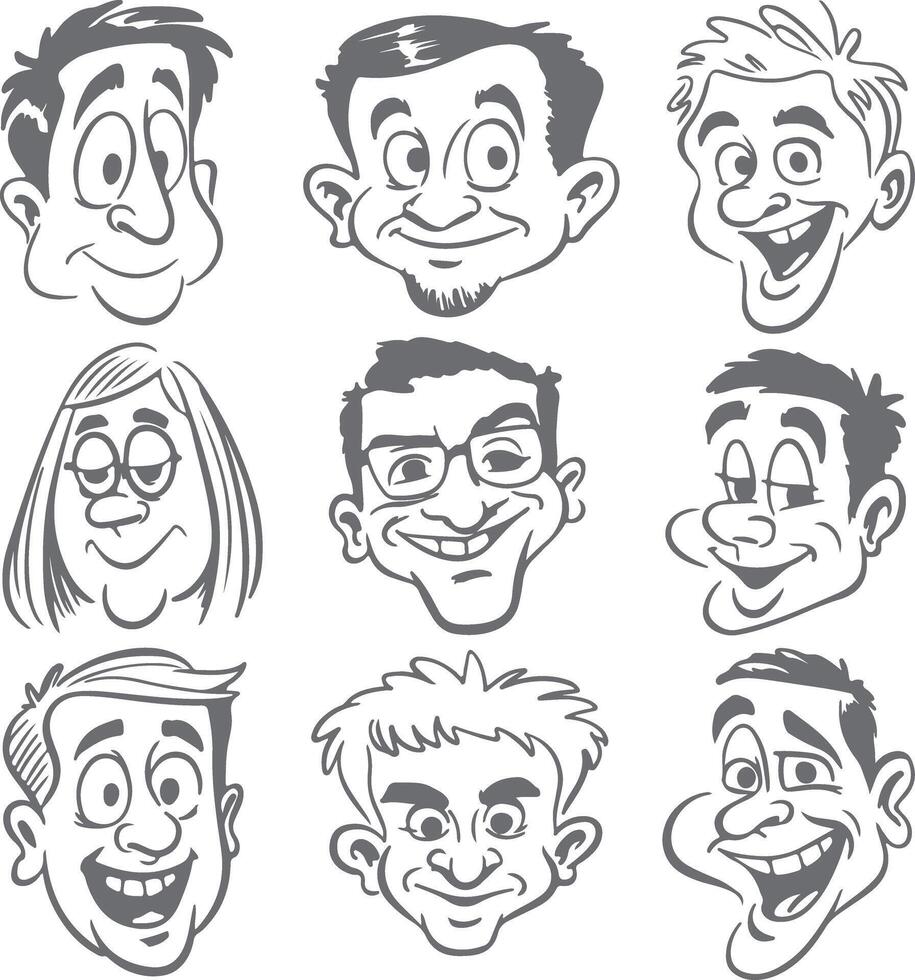 Nine Gray Scale Cartoon Character Head Silhouettes Diverse Expressions Happy Sad Serious Smiling Expressions Set vector