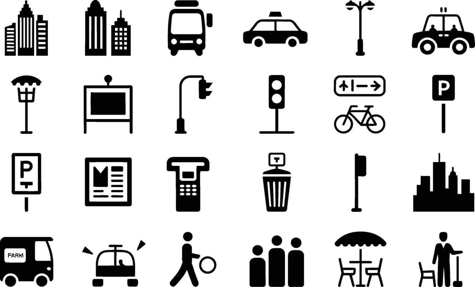 Urban cityscape pictogram icons featuring transportation buildings and pedestrian elements vector