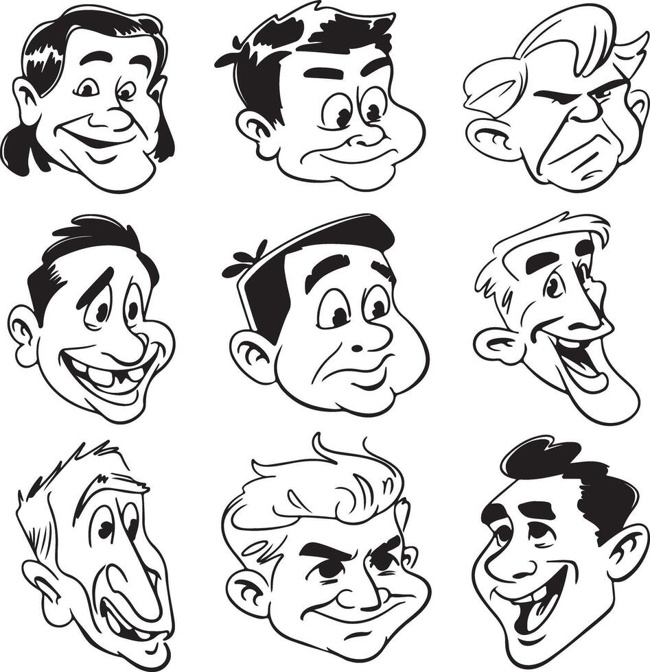 cartoon faces of men and women in various expressions vector