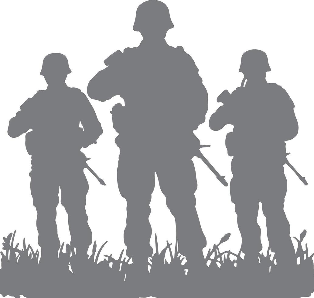 Three Grey Silhouettes of Soldiers Standing in Grass Military Personnel in Helmets Holding Rifles Wartime Scene Gray Scale Graphic vector