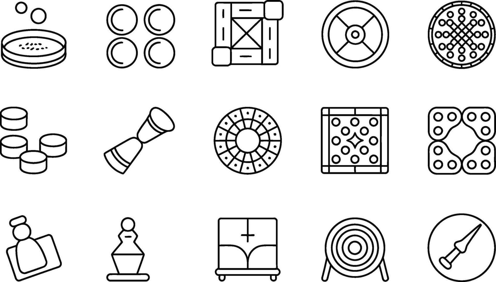 Collection of different board games and entertainment in black and white outline vector